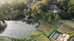 Aerial view of Four Seasons wedding property with swimming pool and rice terraces Chiang Mai