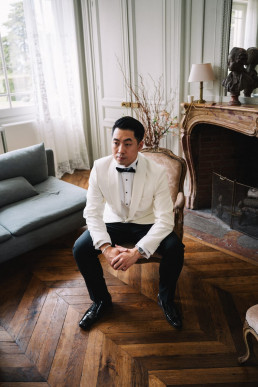 Romantic portrait of Japanese wedding couple during sunset couple session in Japan