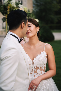 Japanese couple celebrating with family during traditional wedding reception in Japan