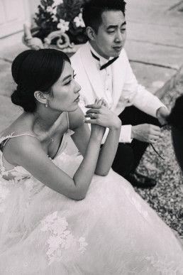 Emotional moment between Japanese bride and groom during Shinto wedding ceremony