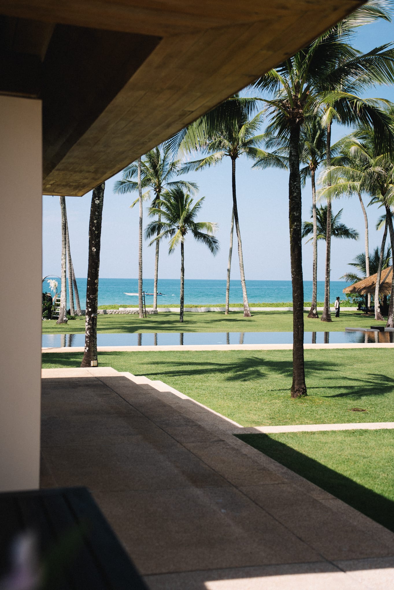 Tropical walkway framed by palm trees leading to the beach