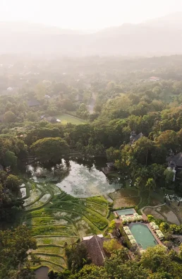 Aerial view of a garden resort and surrounding countryside in Chiang Mai, Thailand
