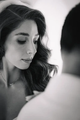Black-and-white close-up of a bride during her elopement in Phuket, Thailand