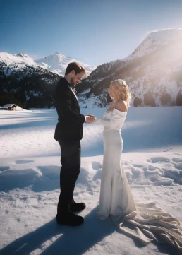 Bride and groom standing together in a snowy mountain landscape in Switzerland