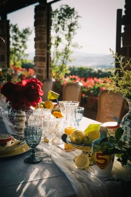 Colourful outdoor table overlooking the sea during an elopement on the Amalfi Coast