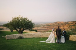 Bride walking outdoors beside an olive tree in the Sicilian landscape